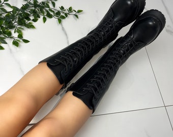 Black chunky lace up boots calf length