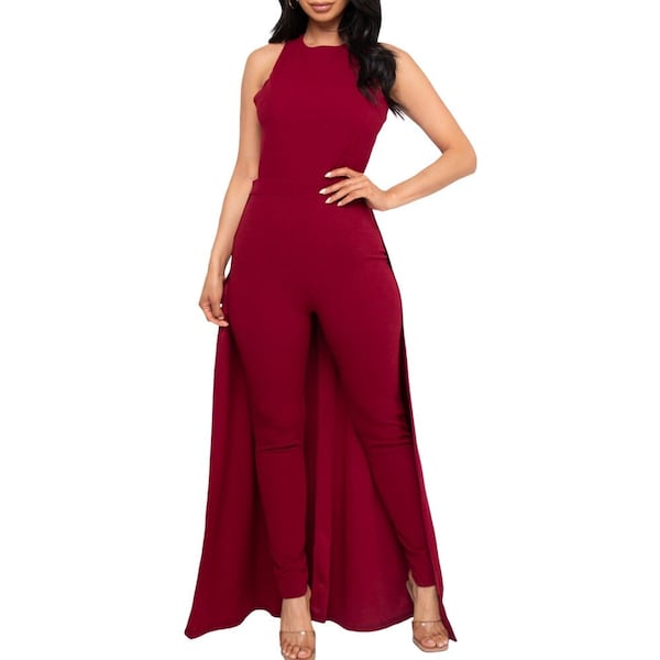 Women's Criss Cross Backless Jumpsuit w/ Cape Skirt | Open Back Jumpsuit | Red Women's Jumpsuit | Formal Jumpsuit with Cape