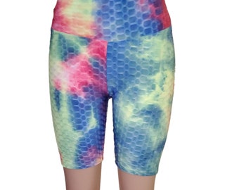 Tie Dye Hohe Taille Biker Shorts Waffelstrick Aktiv Leggings Damen Gym Yoga Fitness Workout Athleisure Sportkleidung