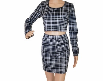 Women's Black Plaid Mini Pencil Skirt and Top Set | Top and Skirt Set Pattern | Mini Skirt and Top Set