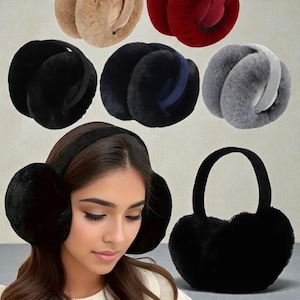 May include: A collection of faux fur earmuffs in various colors, including black, gray, tan, and red. One pair is worn by a person. The earmuffs have a soft, plush appearance and a headband design for comfortable wear. The image showcases winter accessories.