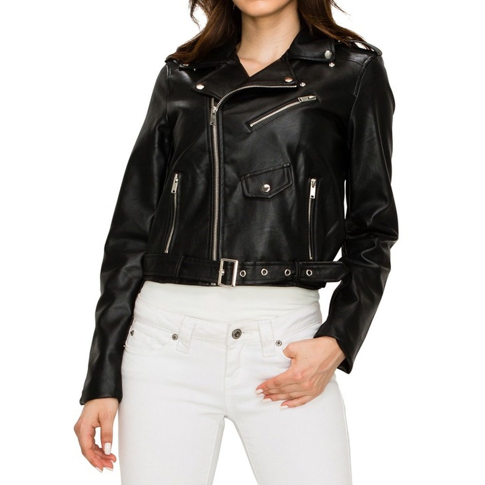 ジャケット・アウター Little suzie Vegan Leather Belted Jacket Women's Black Belted Faux Leather Jacket | Trendy Vegan Moto
