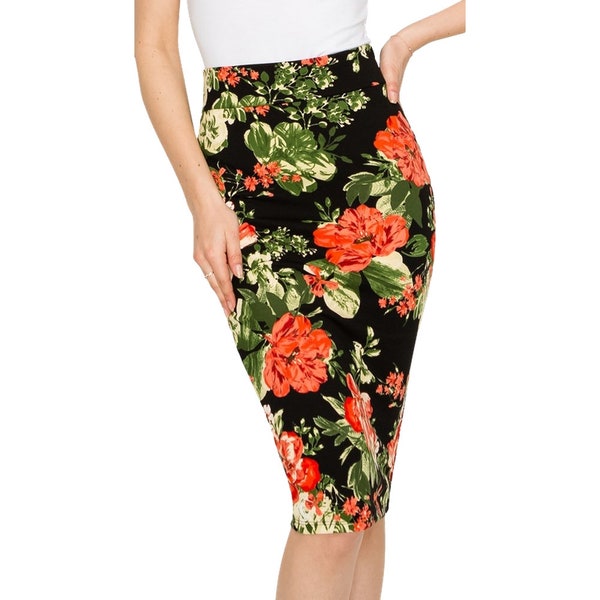 Black Floral Pattern Elastic Waist Stretch Midi Length Pencil Skirt