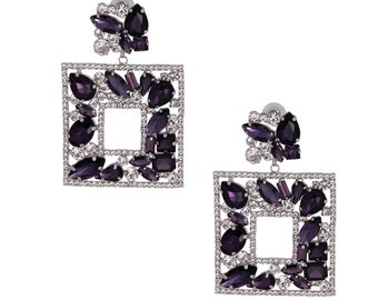 Elegant Purple Crystal Square Drop Earrings | Purple Drop Earrings | Bridesmaid Dangle Earrings