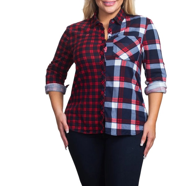 Plus Size Color Block Plaid Button up Shirt | Navy Blue Plaid Shirt | Flannel Shirt Pattern | Curvy Plaid Top