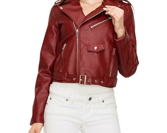 Women's Belted Red Faux Leather Motorcycle Jacket