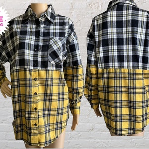 Fall Flannel Button Up Shirt | Women&#39;s Color Block Plaid Shirt | Long Sleeve Flannel Shirt | Yellow Plaid Flannel