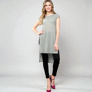 Olive Green Tunic Top, Short Sleeve High-Low Hem, Rayon Polyester Knit