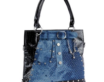 Bolso de tela vaquera reciclada: bolso de mano azul vaquero con correas de cuero vegano
