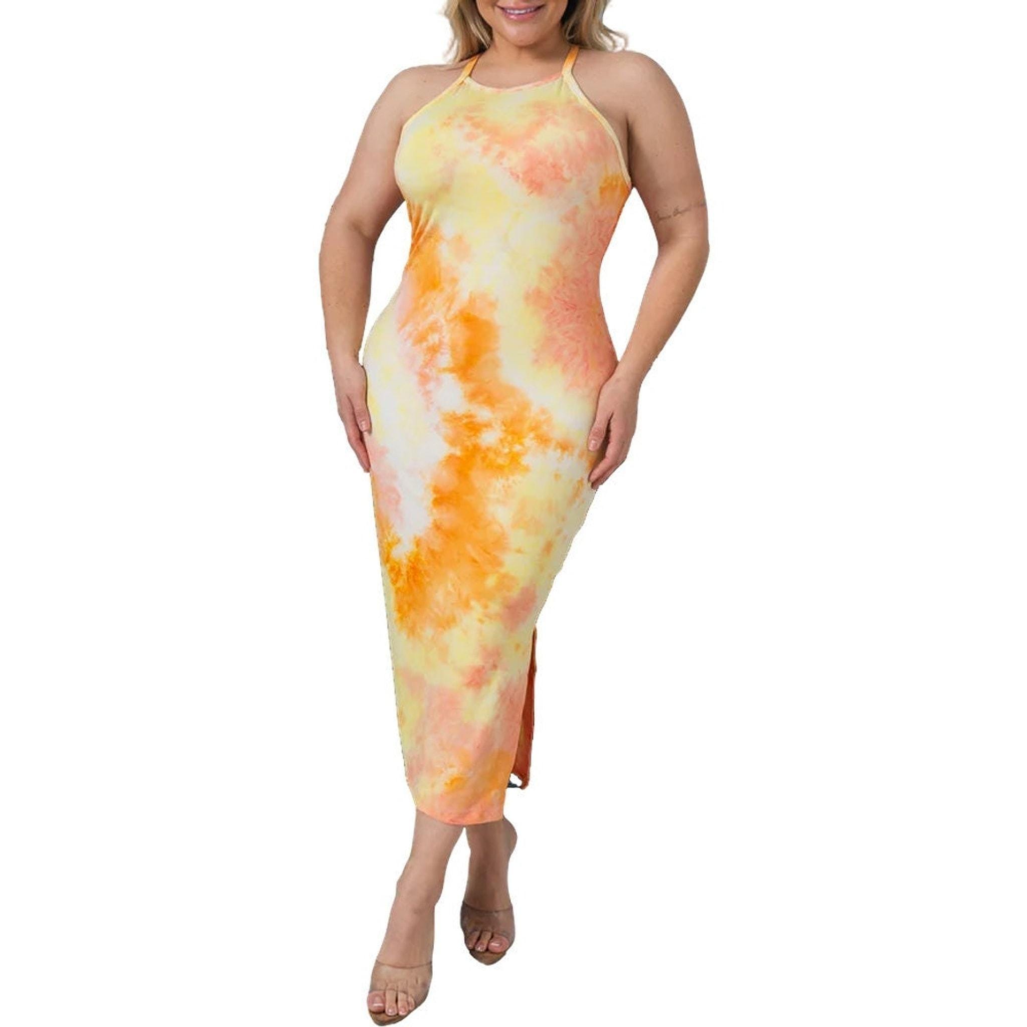 orange tie dye bodycon dress Tie-dye Midi | Plus Size Crossed-back 4-way Stretch Dentistoflosangeles