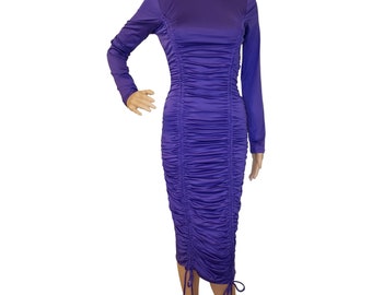 Purple Long Sleeve Turtleneck Evening Dress | Long Sleeve High Neck Pencil Dress | Purple Fitted Midi Dress