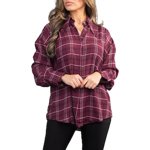 May include: A burgundy and white plaid long-sleeve button-down shirt with a relaxed fit.