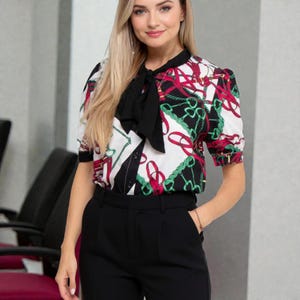 Chain Print Tie Neck Blouse: Elegant Polyester Office Work Top with Bow Detail