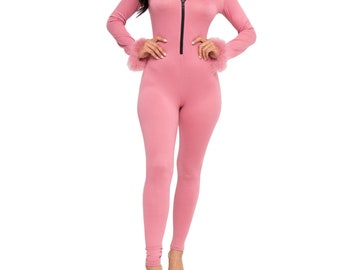 Women's Bodycon Jumpsuit with Feather Sleeves | Zippered Catsuit | Pink Jumpsuit | Pink Catsuit