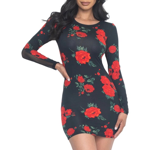 Rose Floral Mesh Bodycon Mini Dress: Long Sleeve Sheer Party Club Wear  Outfit - Etsy