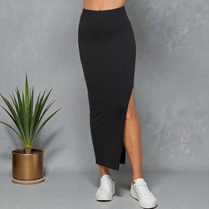 Side Slit Maxi Skirt | High-Waisted 95% Rayon 5 Spandex, Floor-Length Slim Fit