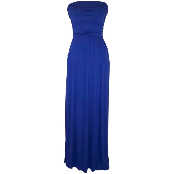 Women"s Casual Blue Maxi Dress | Solid Strapless Dress | Tube Strapless Casual Maxi Dress | Strapless Maxi Dress