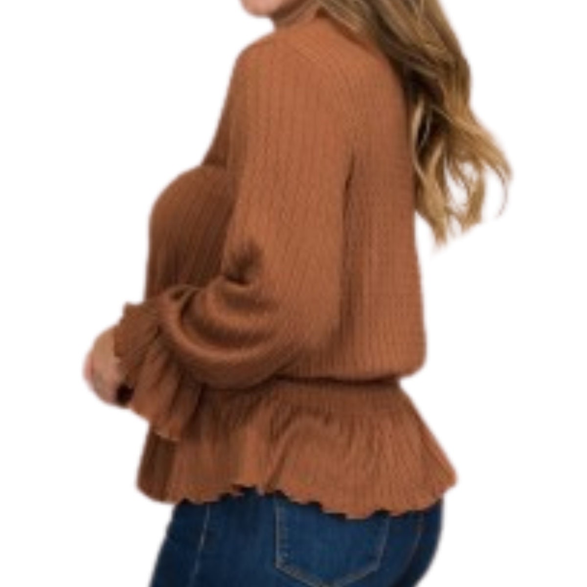 Full Size Smocked Button Front Puff Sleeve Shirt Plus Size main image 1