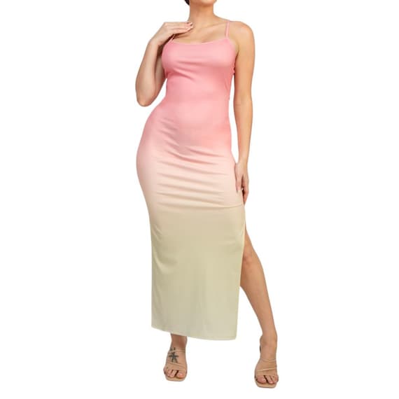 Pink Ombre Bodycon Maxi Dress Sleeveless Knit Side Slit Summer Casual  Gradient Women
