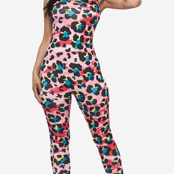 Women's Animal Print Bodycon Jumpsuit | Tank Top Jumpsuit | Full Body Bodycon Jumpsuit | Sleeveless One-Piece Overall Jumpsuit