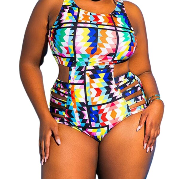 Plus Size Multicolored Swimsuit with Stunning Cut-Out Sides | Oblique Cut-Out Plus Size One-Piece Swimsuit