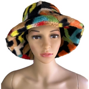 Women&#39;s Multicolor Letter Faux Fur Fuzzy Bucket Hat | Plumed Bucket Hat | Multicolor Furry Hat | Fuzzy Bucket Hat