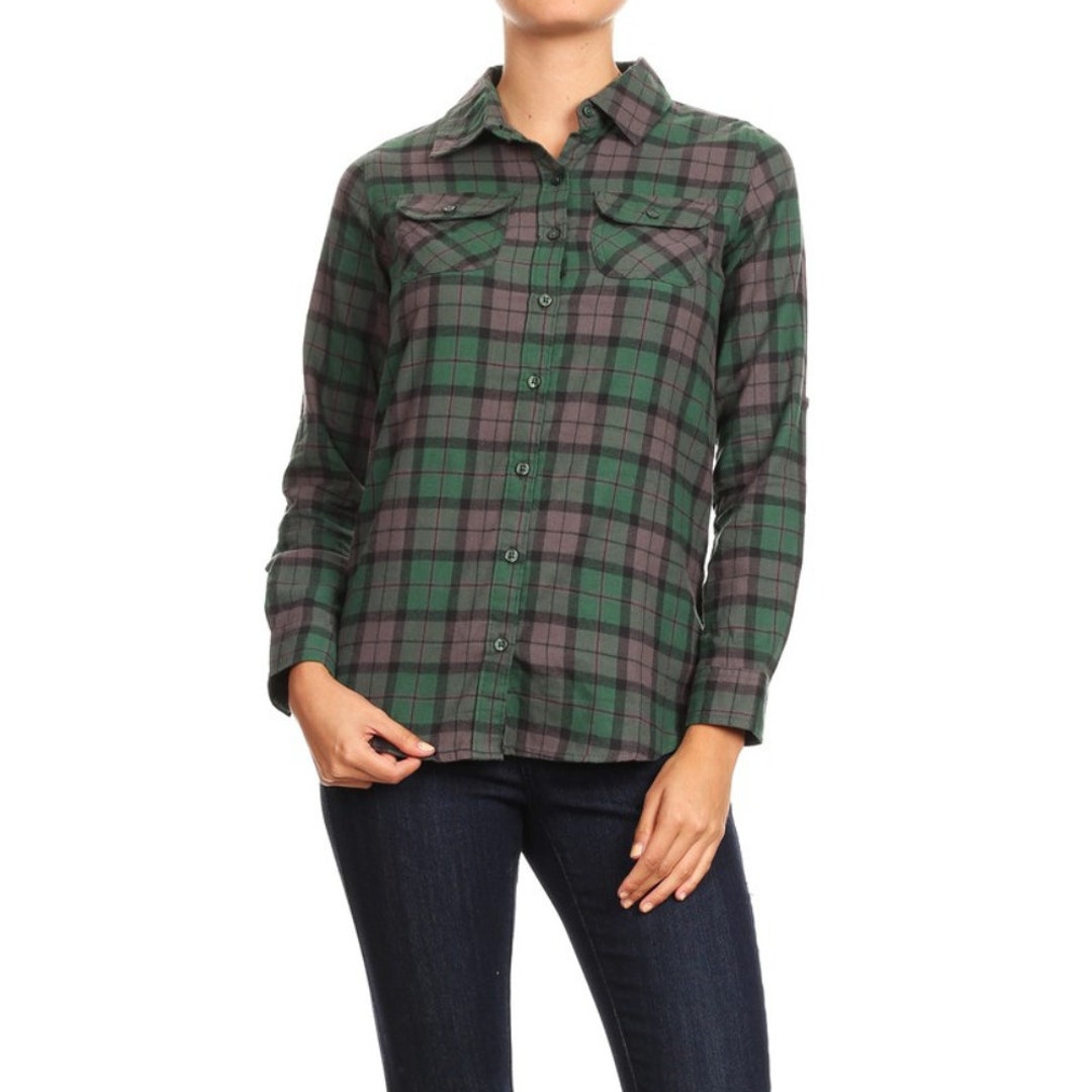 Washed Green Plaid Button Down Flannel