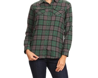 Women's Green Plaid Cotton Flannel Shirt: Long Sleeve Button-Down