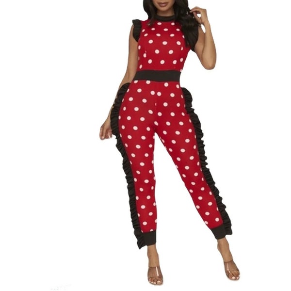 Women's Red Polka Dot Sleeveless Jumpsuit w/ Ruffle Trim | Red Polka Dot Jumpsuit For Women