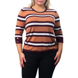 May include: A striped sweater with brown, white, and burgundy stripes. The sweater has a round neckline and three-quarter sleeves with gold buttons on the cuffs.