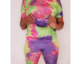 Tie Dye Two Piece Short Set with Face Mask | Lounge Wear | Comfy Clothes | Casual Set 2 Pieces