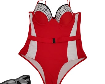 Plus Size Color Block Adjustable Strap One-Piece Swimsuit For Women- Red