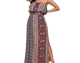Boho Navy & Copper Strapless Maxi Dress | Strapless Maxi Boho Dress | Strapless Dress Pattern | Boho Dress Pattern