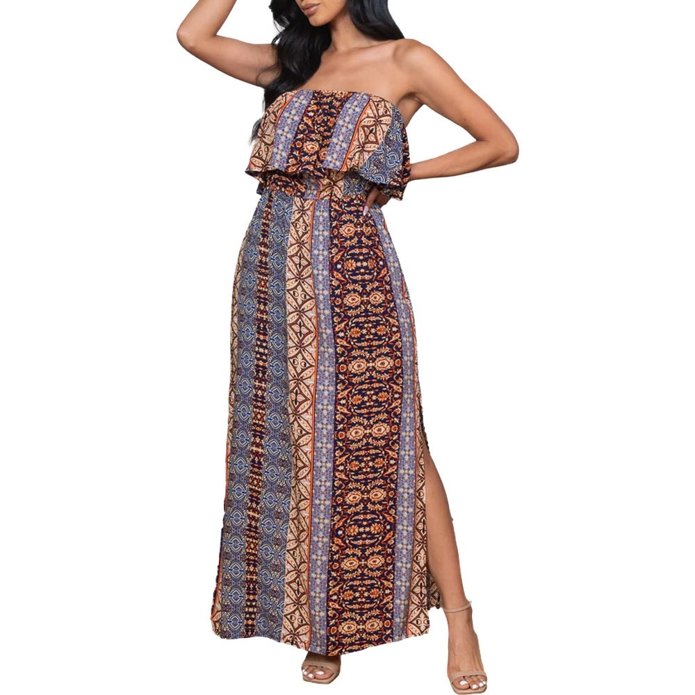 chinese dress ladies HDE Women's Strapless Maxi Dress Plus Size Summer Sundress Smocked Tube Top  Long Skirt Dress Boho Beach Cover Up Beach Boho main image 0