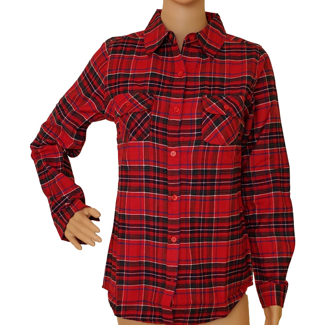 Ladies Red Plaid Flannel Long Sleeve Button up Shirt Lumber Jack