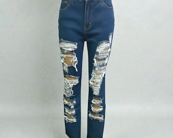 Donkerblauwe rechte jeans met hoge taille voor dames | Gescheurde spijkerbroek met gaten
