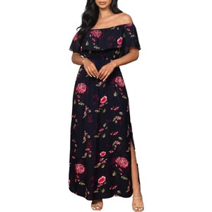 Navy Blue Floral Off-the-Shoulder Maxi Dress with Half Lining | Boho Maxi Dress