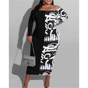 Plus Size Abstract Bodycon Maxi Dress: Off-Shoulder Party Pencil Dress