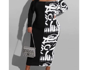 Plus Size Abstract Art Bodycon Long Sleeve Maxi Dress | Casual Party Dress | Plus Size Bodycon Dress