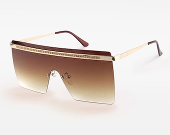 Luxury Rhinestone Embellished Rimless Sunglasses | Brown Rectangle Sunglasses