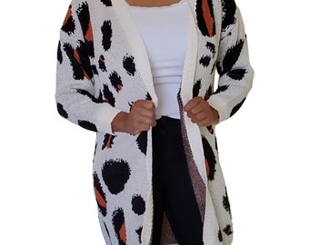 Women's Casual Leopard Print Knit Open Cardigan Long Sleeve Sweater | Oversized Sweater