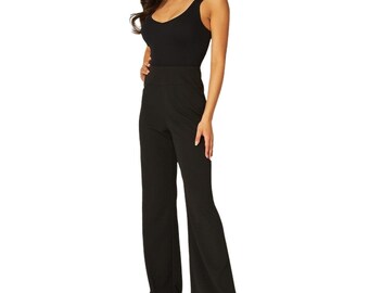 Women's Knit Crepe Black High Waist Flare Pants | Wide Leg Flared Pants