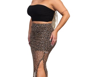 Leopard Print Sheer Mesh Plus Size Midi Pencil Skirt | Black Animal Print Skirt | Leopard Pencil Skirt