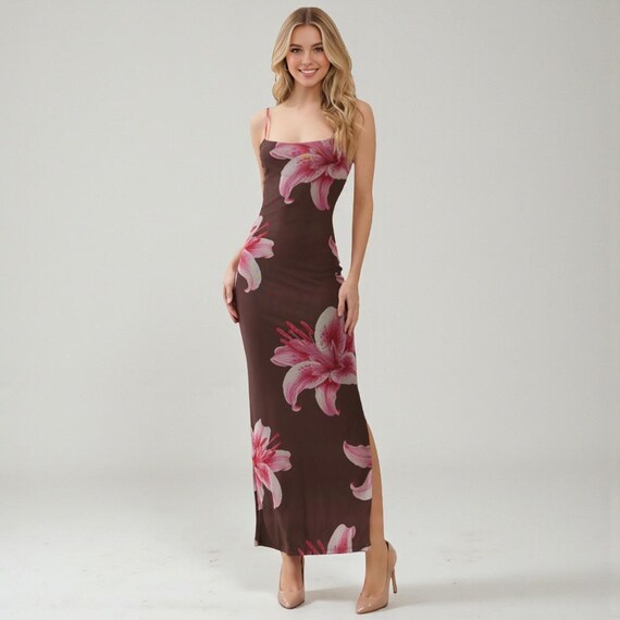 Floral Power Mesh Maxi Dress Open Back Bodycon Gown Sheer Event Party Dress
