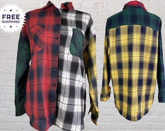 Plaid Women's Colorblock Flannel Button Up Shirt | Mixed Plaid Button Down Shirt | Long Sleeve Patchwork Flannel  Shirt