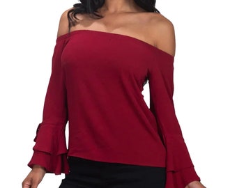 Blusa elegante burdeos con hombros descubiertos y mangas acampanadas - Top acampanado con hombros descubiertos para mujer