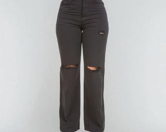 Pantalones negros de cintura alta y pierna recta: pantalones elásticos de poliéster con bolsillos laterales