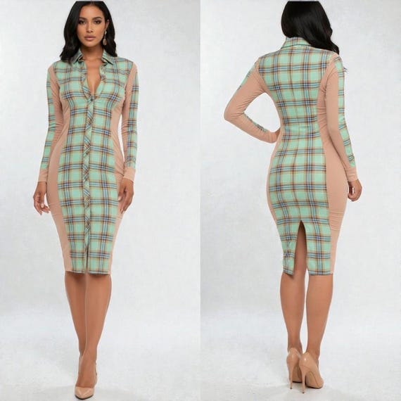 Green Plaid Mesh Bodycon Dress | Long Sleeve Sheer Side Panel | Collared  Night Out Outfit | Big Sisters - Etsy Australia