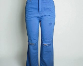 Blauwe damesjeans met hoge taille en rechte pijpen en splitten | Casual spijkerbroek