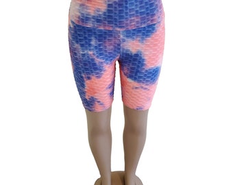 Pantalones cortos de yoga para bicicleta para mujer Tie Dye / pantalones cortos para correr de punto gofre de cintura alta en Tie-Dye